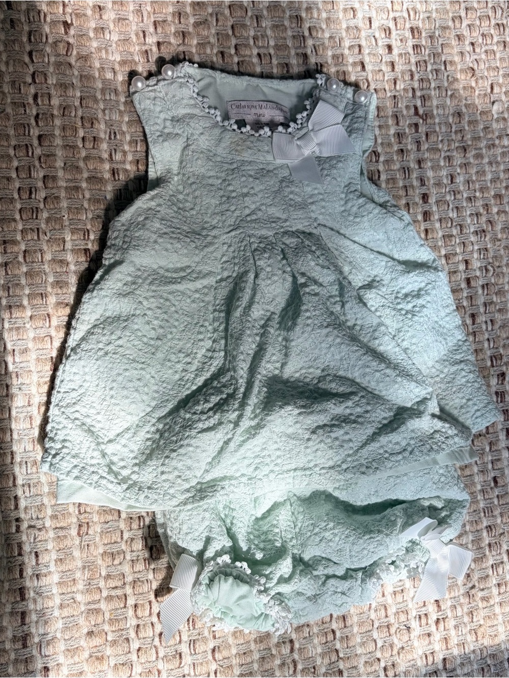 Catherine Malandrino Mint Green Textured Baby Dress & Bloomer Set